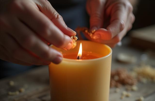 Imagem representando o cuidado artesanal na criação de velas, talvez mãos trabalhando com cera ou pavios.
