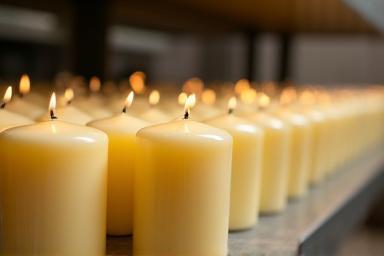 Imagem mostrando fileiras de velas em repouso em prateleiras, passando pelo processo de cura.