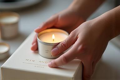 Imagem mostrando velas embaladas cuidadosamente em caixas elegantes, prontas para envio ou venda.