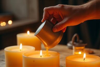 Imagem mostrando um artesão derramando cera derretida em vários recipientes de vidro, com foco na precisão.