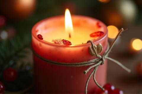 Vela sazonal com decoração temática de festas, emanando um brilho acolhedor.